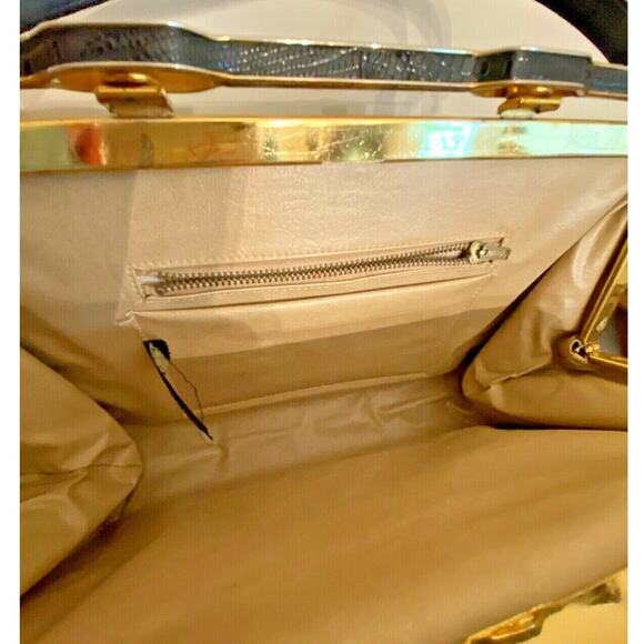 Vintage Mid Century Top Handle Purse Black / Brown Lizard Skin Textured Leather - Picture 8 of 10